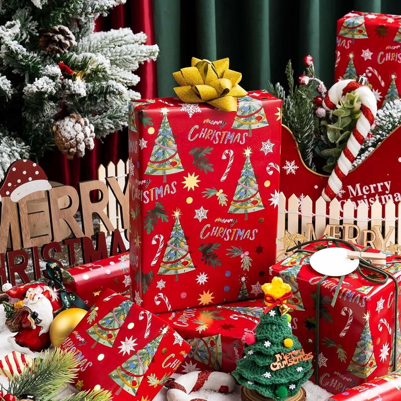 Yarcony Vinage Christmas Wrapping Paper Roll, Red Wrapping Paper, Gold Foil Elegant Deep Red Christmas Tree Theme Festive Holiday Gift Wrap for Winter Celebrations, Seasonal Decor(17Inch x 33Feet) - Image 2